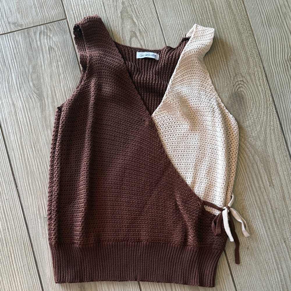 Two-Tone Wrap Sweater Tank in Brown and Cream